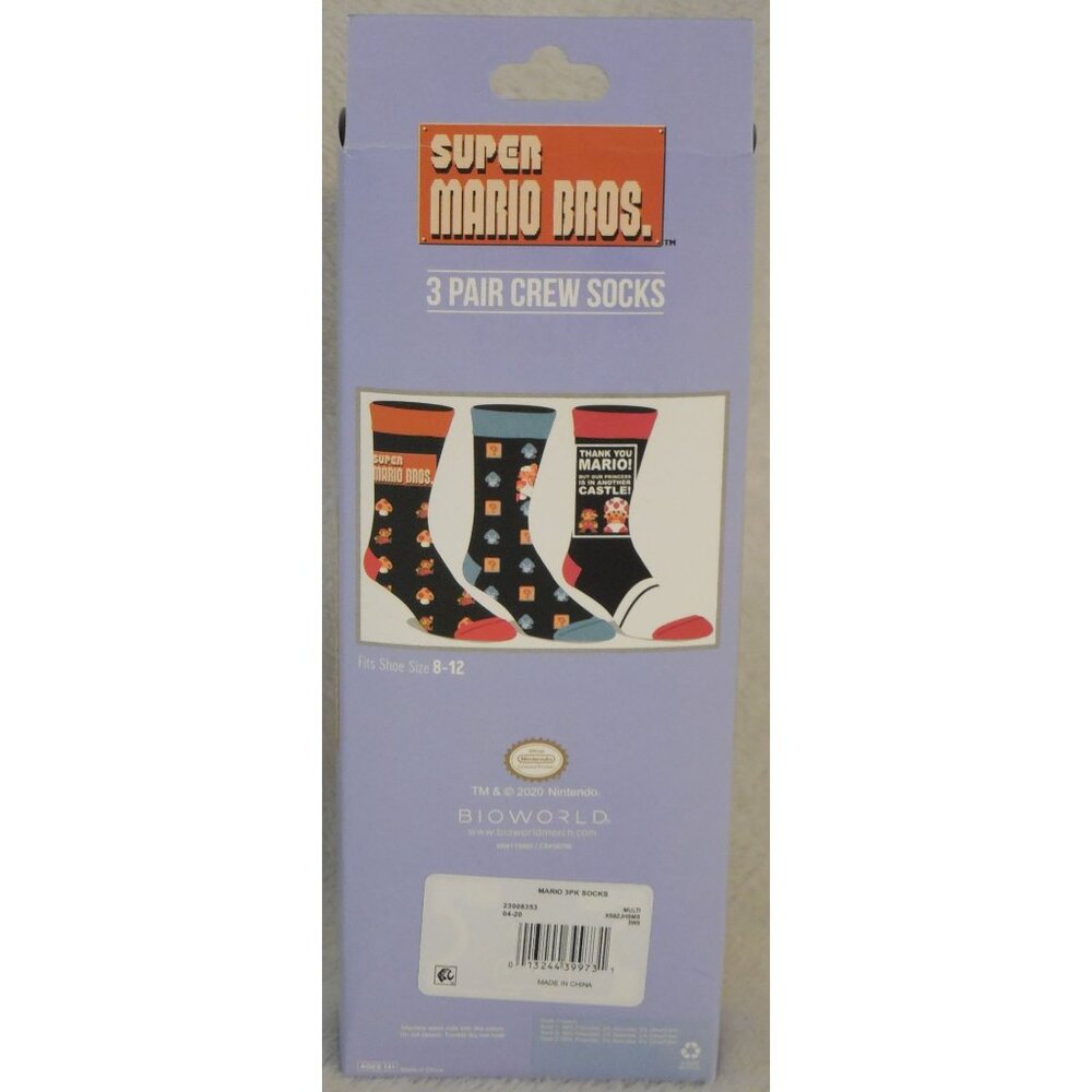 Super Mario Brothers Crew Socks 3 Pair Pack Men's Shoe Size 8 to 12 - Picture 3 of 3